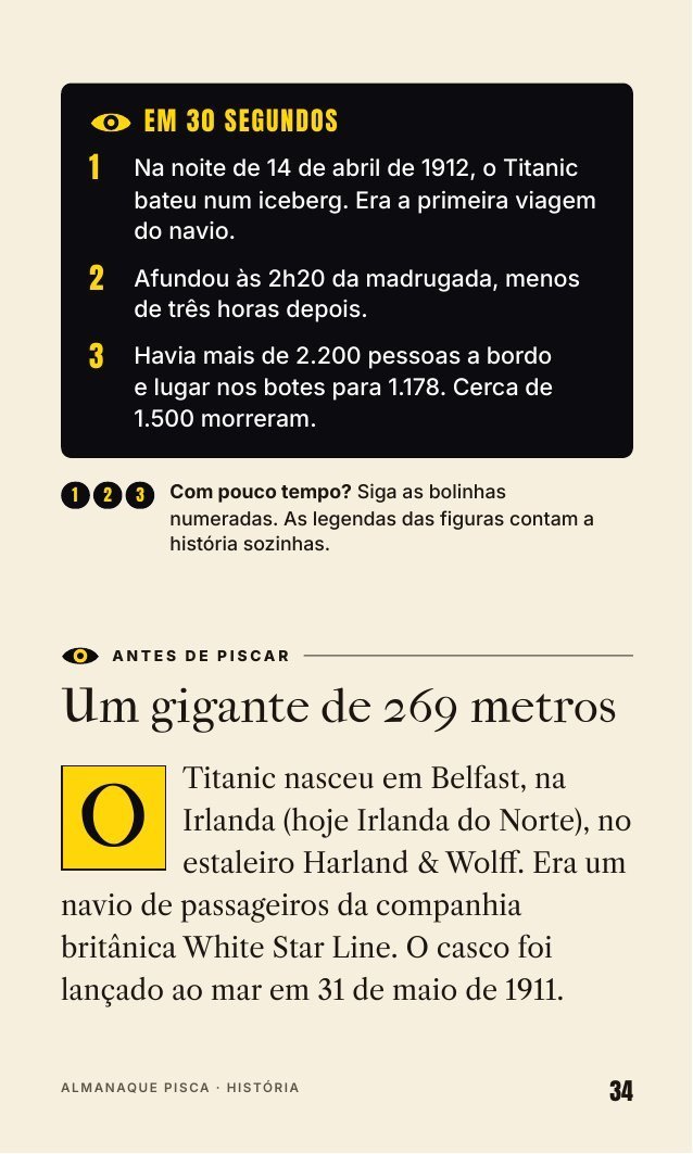 Página do Titanic com o resumo de 30 segundos e o começo do texto