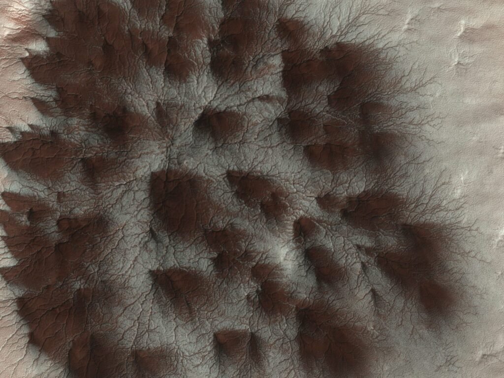 Sulcos em forma de estrela no chão de Marte, com manchas escuras em forma de leque.