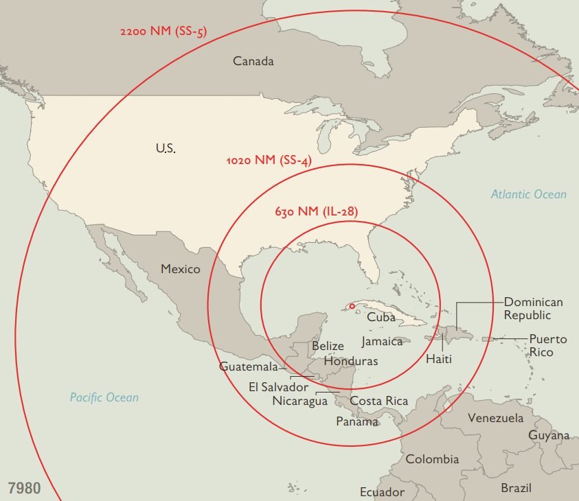 Mapa colorido da América do Norte e da América Central, com três círculos vermelhos em volta de Cuba, cada um maior que o outro.