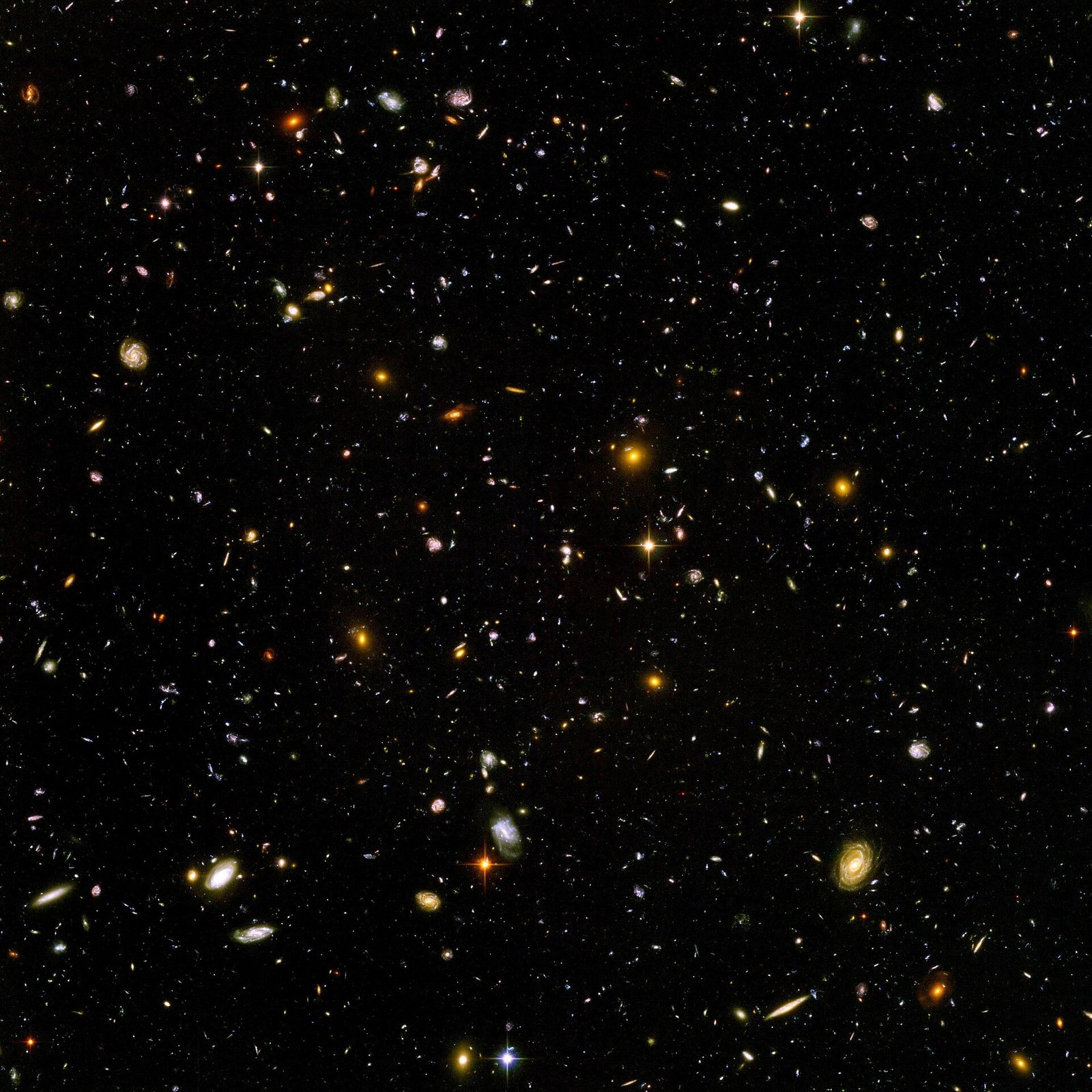 Galáxias com formas e cores diferentes aparecem como pequenos pontos, discos e manchas em um fundo escuro.