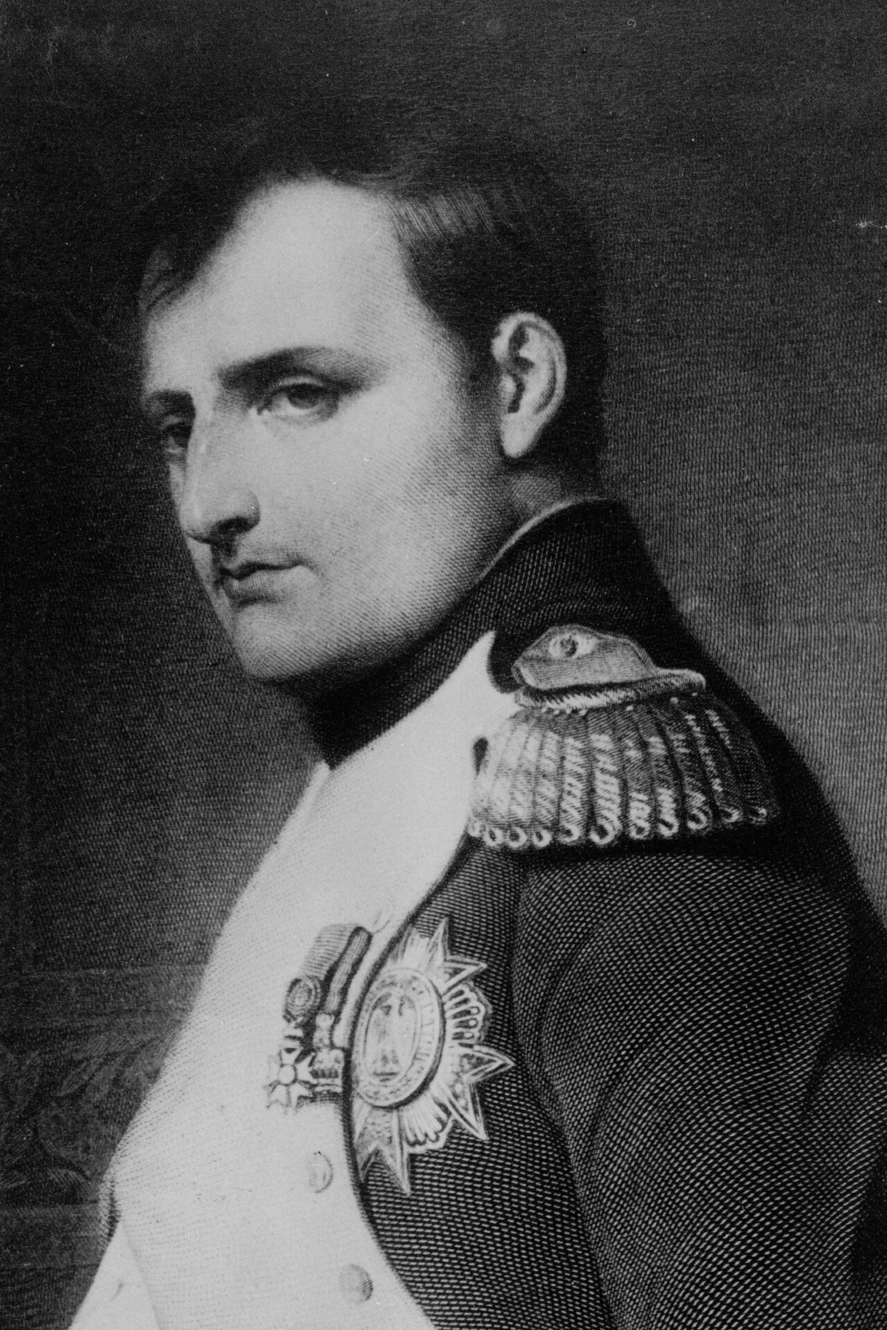 Reprodução em preto e branco de retrato de Napoleão, olhando de lado e usando uniforme com medalhas.