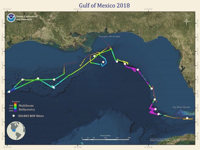 Mapa do relevo do fundo do Golfo do México com os pontos dos mergulhos do robô.
