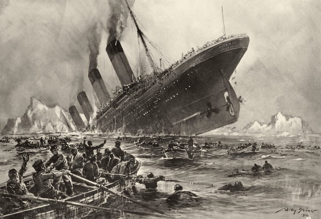 Desenho do Titanic afundando de proa, com a popa no ar, botes e icebergs em volta.
