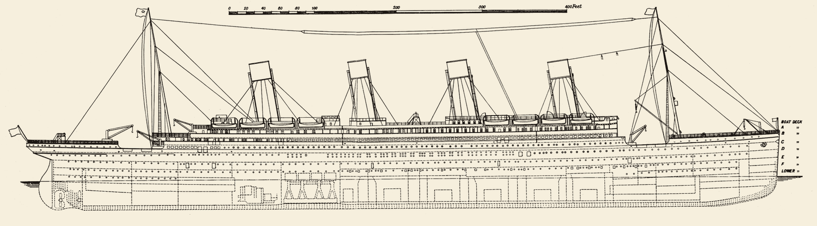 Desenho técnico do navio visto de lado.